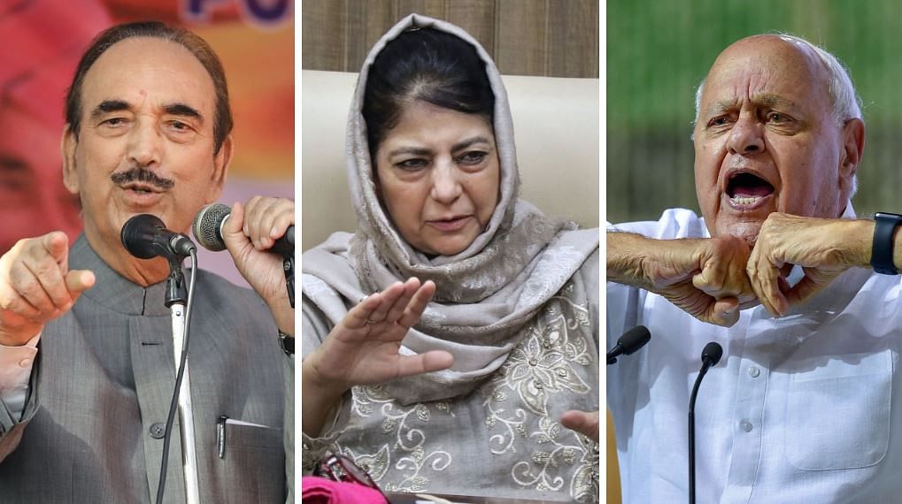 <div class="paragraphs"><p>(From left) Farooq Abdullah of National Conference (NC), Mehbooba Mufti of People’s Democratic Party (PDP) and Ghulam Nabi Azad of Democratic Progressive Azad Alliance (DPAP).</p></div>